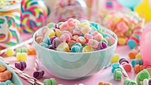 a bowl of assorted candy on a festive table, surrounded by decorations