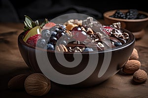 a bowl of assorted fruits and nuts covered in decadent chocolate