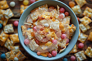 Bowl of assorted snacks including crackers and candy
