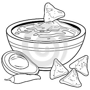Bowl of avocado guacamole and nachos chips. Mexican guacamole dip sauce food. Vector black and white coloring page.