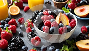 A bowl of berries and oranges on a table
