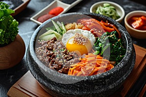 bowl of bibimbap, a Korean mixed rice dish with beef, vegetables, egg, and gochujang sauce, in a hot stone pot, in the