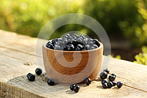 Bowl of bilberries on wooden table outdoors
