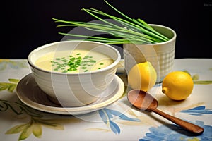 bowl of bisque with side of lemon and chives