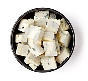 Mísa z modrý sýr na bílém výše 