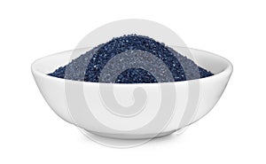 Bowl with blue food coloring isolated on white