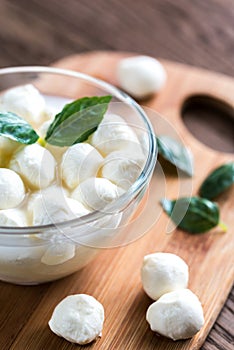 Bowl of Bocconcini mozzarella with fresh basil