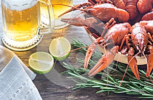 Bowl of boiled crayfish with two mugs of beer