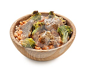 Bowl with boiled rice, meat and broccoli on white background