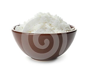 Bowl of boiled rice on white
