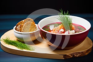 bowl of borscht with a side of garlic pumpernickel bread on a slate surface