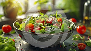 Bowl brimming with an assortment of fresh green and red vegetables, showcasing a colorful and nutritious bounty