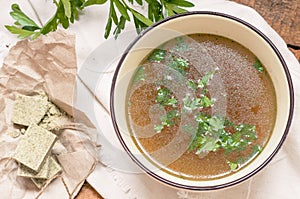 Bowl of broth from bouillon cube