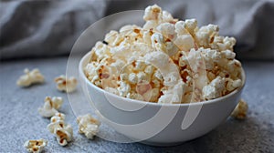 Bowl of buttery popcorn on gray surface