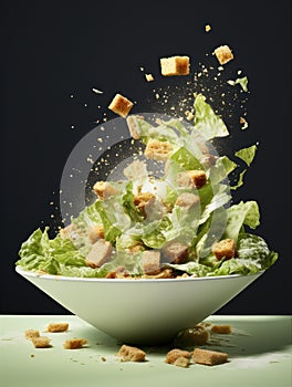 a bowl of caesar salad with croutons falling out of it