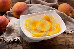 Bowl of canned peaches and fresh fruits