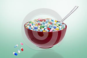 Bowl of capsules and pills with a spoon as concept of overmedication