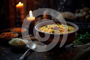 A bowl of carrot, lentil, and rice soup, among other ingredients