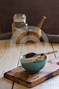 Bowl ceramic filled with buckwheat.