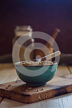 Bowl ceramic filled with buckwheat.