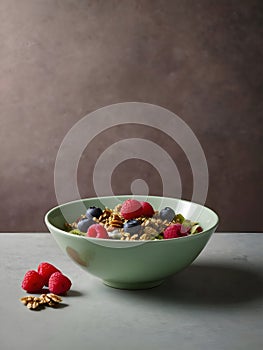 A bowl of cereal with fruit on a table. The cereal is made with oats, nuts, and seeds