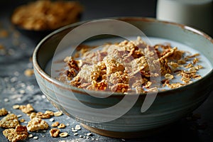bowl of cereal with milk closeup.