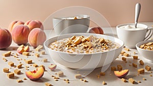 bowl of cereal with milk and pieces of fruit, suggesting a nutritious and refreshing morning meal