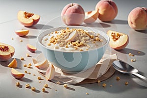 bowl of cereal with milk and pieces of fruit, suggesting a nutritious and refreshing morning meal