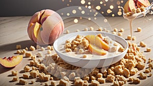 bowl of cereal with milk and pieces of fruit, suggesting a nutritious and refreshing morning meal