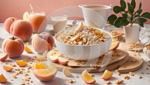 bowl of cereal with milk and pieces of fruit, suggesting a nutritious and refreshing morning meal