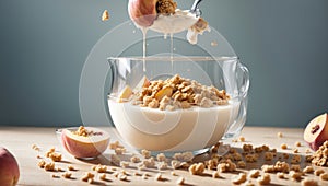 bowl of cereal with milk and pieces of fruit, suggesting a nutritious and refreshing morning meal