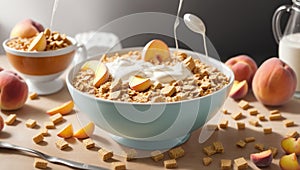 bowl of cereal with milk and pieces of fruit, suggesting a nutritious and refreshing morning meal