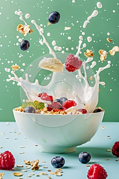 bowl of cereal with milk splashing and berries flying around, plain bright background. morning granola breakfast with