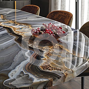 A bowl of cherries adorns the table, adding a pop of color to the cuisine