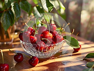 A bowl of cherries on a table with leaves