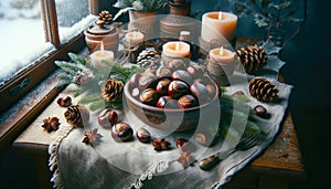 Bowl of chestnuts on a table . AI