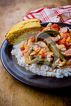 Bowl of Chicken Gumbo and Cornbread