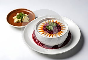 a bowl of chile en nogada, a traditional mexican dishes, well plating with garnish and ingredients