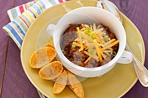 Bowl of chili with chips