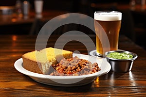 bowl of chili next to cornbread on a pub table