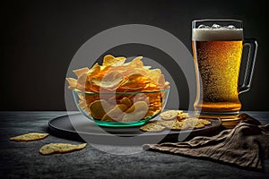 Bowl with chips and glasse with beer. Generative AI.