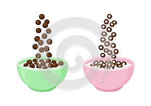 Bowl of chocolate cereal milk vector breakfast. Cartoon oats, sweet flavors. Falling cornflakes. Healthy food for kids