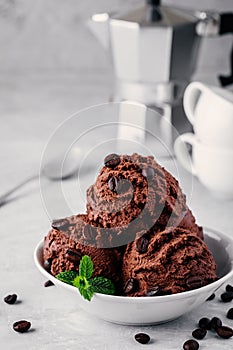 A bowl of chocolate coffee ice cream scoops with mint leaves