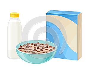 Bowl of Chocolate Crispy Cereal or Muesli with Bottle of Milk Rested Nearby Vector Composition