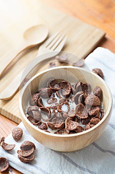 Bowl of chocolate flakes with milk