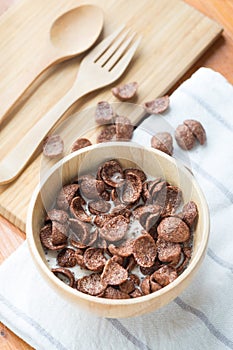 Bowl of chocolate flakes with milk
