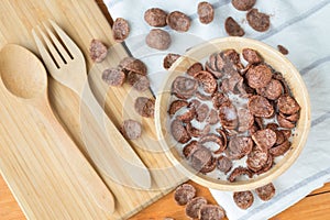 Bowl of chocolate flakes with milk