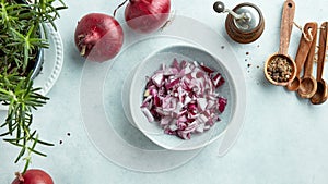 Bowl of chopped red onions