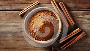 Bowl of cinnamon powder and sticks on wooden table. Flat lay