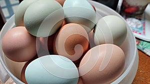 A bowl of colored eggs